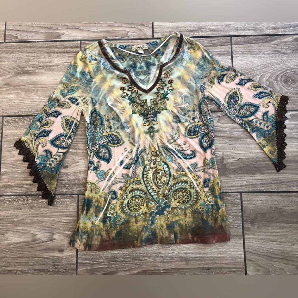 One World 3/4 Length Sleeve Patterned Top with Embroidery